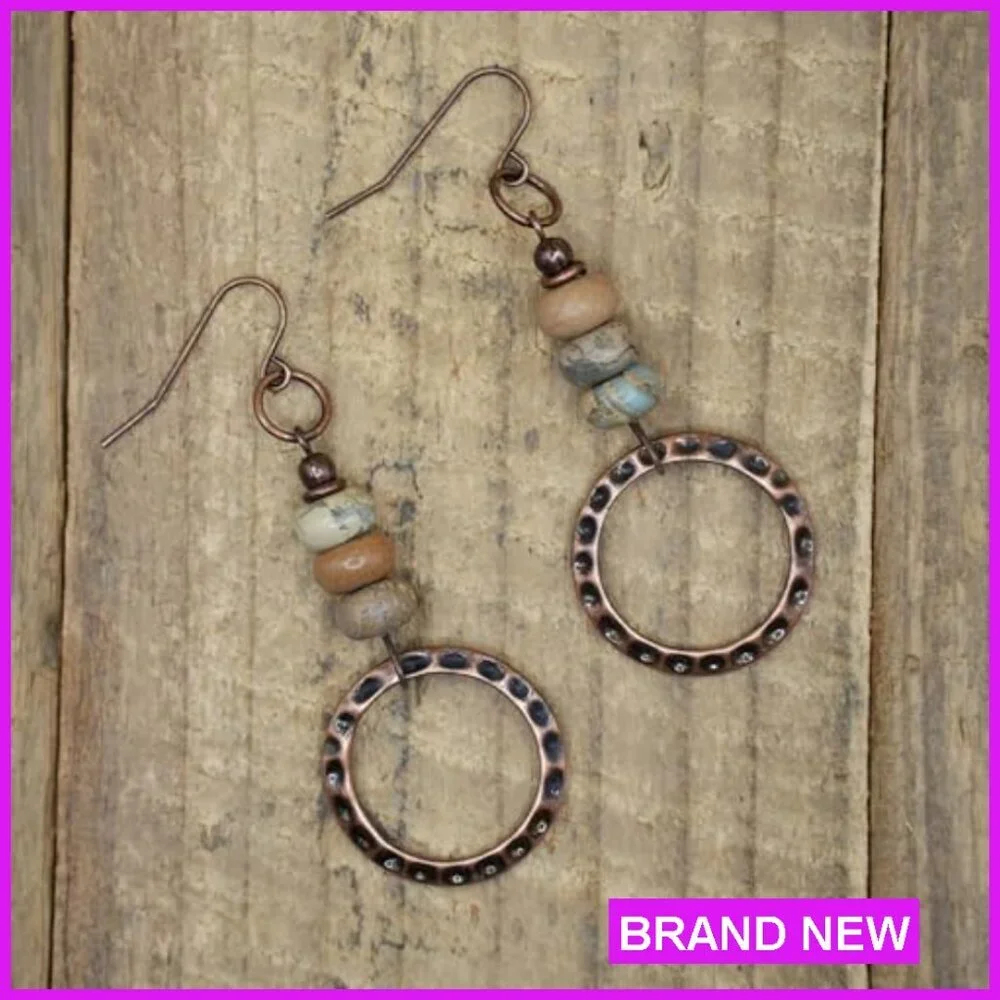 Boho Hammered Copper Drop Earrings with Gemstone Beads Handmade Jewelry